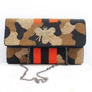 Caroline Hill Red Stripe Bee Beaded Camo Clutch Handbag
